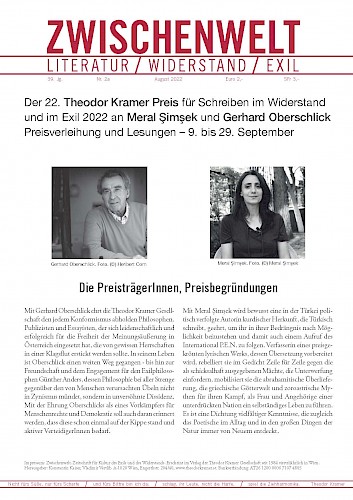 22. Theodor Kramer Preis für Schreiben im Widerstand und im Exil 2022